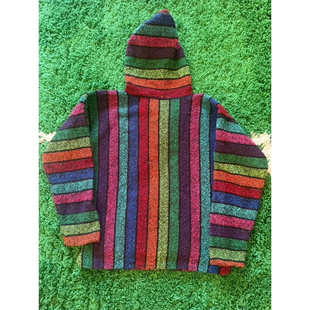 Vintage Style Rainbow‎ Striped Woven Baja Hoodie Drug Rug Pullover Multicolor